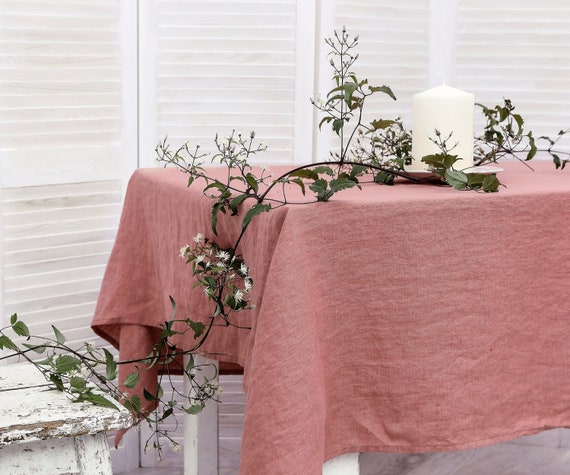 Linen tablecloth. Washed linen tablecloth. Table cloth in salmon color. Handmade table linen available in 47 colors.