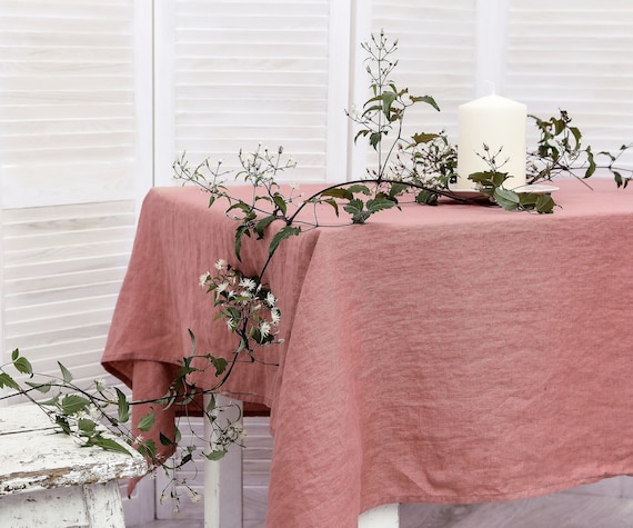 Linen tablecloth. Washed linen tablecloth. Table cloth in salmon color. Handmade table linen available in 47 colors.