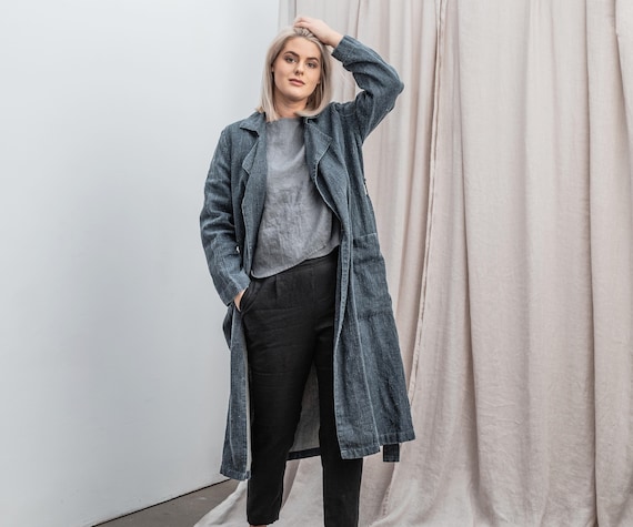 Linen coat in heavy weight linen fabric / Loose long linen jacket with long sleeves and deep side pockets / Fall linen wrap belted coat