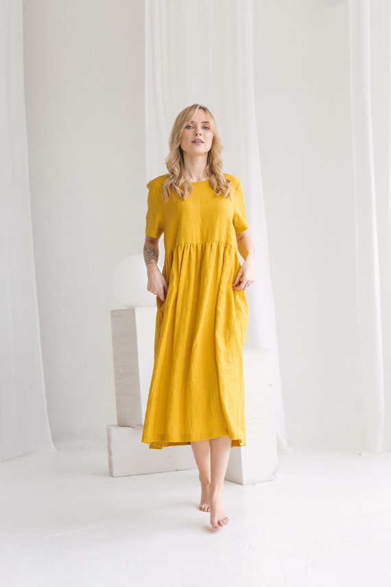 Linen Dress Stella in Sunny Yellow Color. Linen Short Sleeves Dress. Linen Dress Mid-Calf Length with Round Neck. Linen Casual Dress.