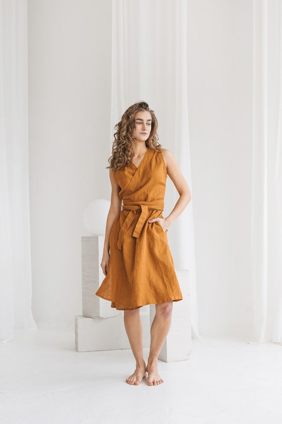 Wrap linen dress with pockets CAMILA. Terracotta linen dress. Sleeveless wrap dress with belt. Linen summer dress. Elegant wrap dress.