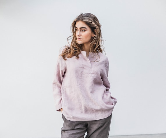 Linen shirt BELLA with long sleeves. Long linen shirt. Long sleeve kaftan. Dusty Pink linen tunic. Medieval shirt. Available in 47 colors