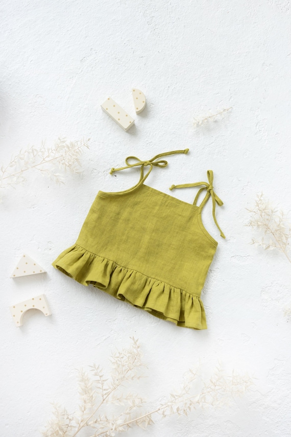 Girls linen strap ruffle top in Pear green color.  Linen top  with ties. Sleeveless boho children top. Summer tie strap top  for toddlers.