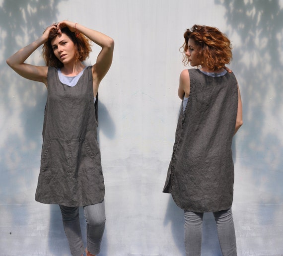 Linen full bbq apron with pockets / Japan linen home and work tunic smock / No ties garden linen apron dress