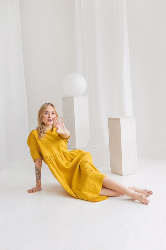 Linen dress STELLA in Sunny Yellow color. Linen short sleeves dress. Linen dress mid-calf length with round neck. Linen Casual dress.