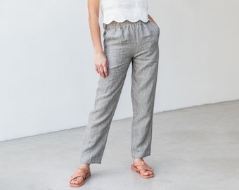 Leinenhose AMELIA. Bequeme, umweltfreundliche, gerade Sommer-Leinenhose mit Taschen und elastischem Bund. Lässige lange Damenhose.