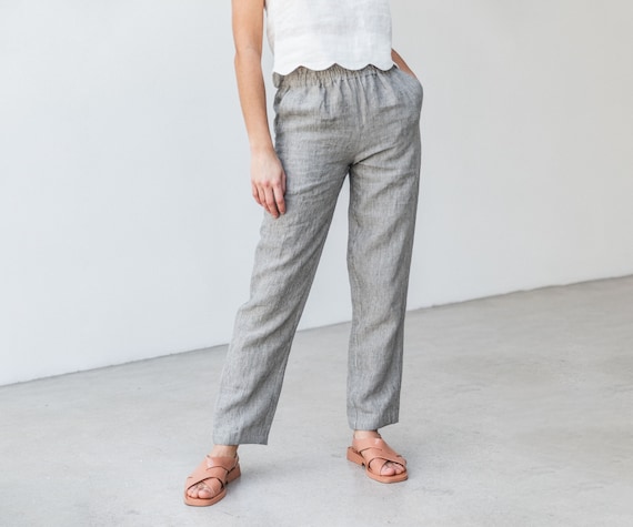 Linen pants AMELIA. Comfortable eco friendly straight summer linen pants with pockets and elastic waistband. Casual women long trousers.