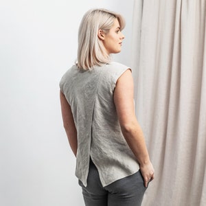 Linen tank top NORA. Split back sleeveless blouse in silver gray. Handmade asymmetric linen tee. Linen t shirt. Linen tank. Round neck shirt image 1