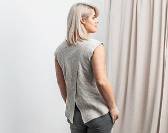 Linen tank top NORA. Split back sleeveless blouse in silver gray. Handmade asymmetric linen tee. Linen t shirt. Linen tank. Round neck shirt