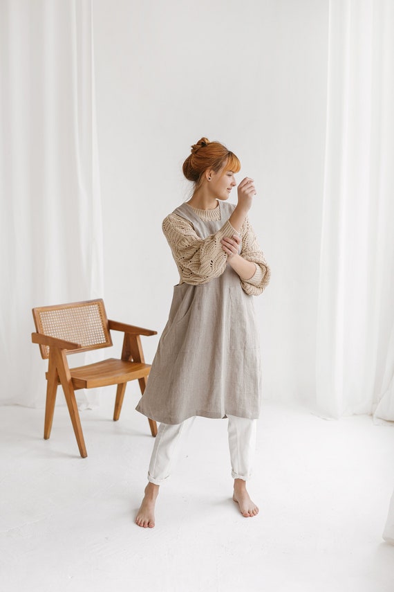 Comfortable no ties japanese linen full apron / Original big pocket linen apron dress / Linen pinafore smock