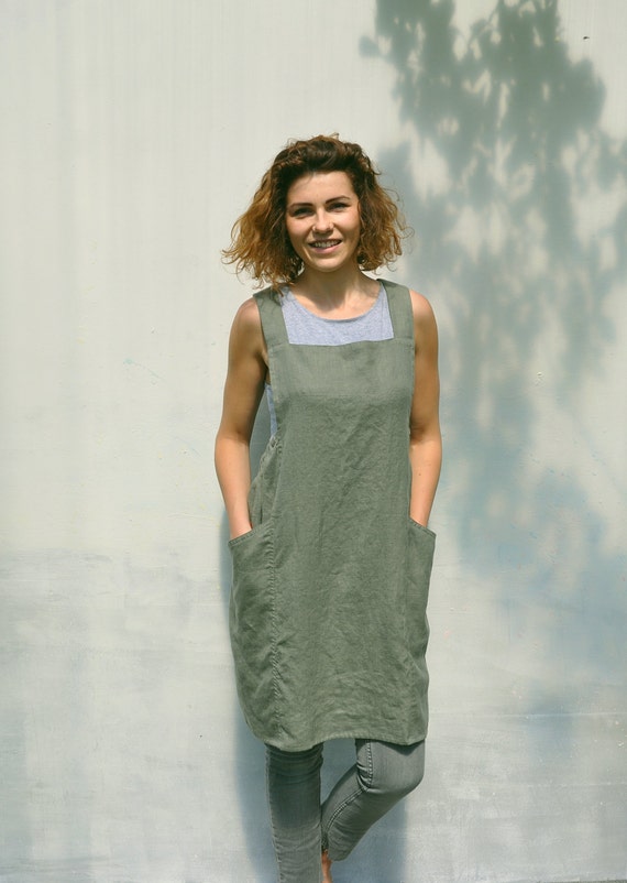 Elegant heavy weight linen pinafore japanese apron dress / No ties comfortable smock apron / Linen full apron dress