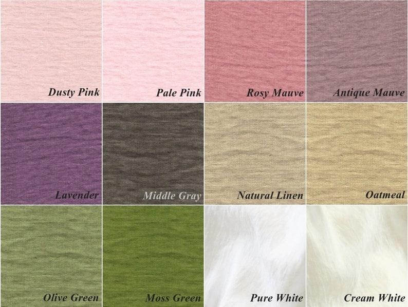 May include: A color chart of 12 fabric swatches, showing different shades of pink, mauve, lavender, gray, linen, green, and white.