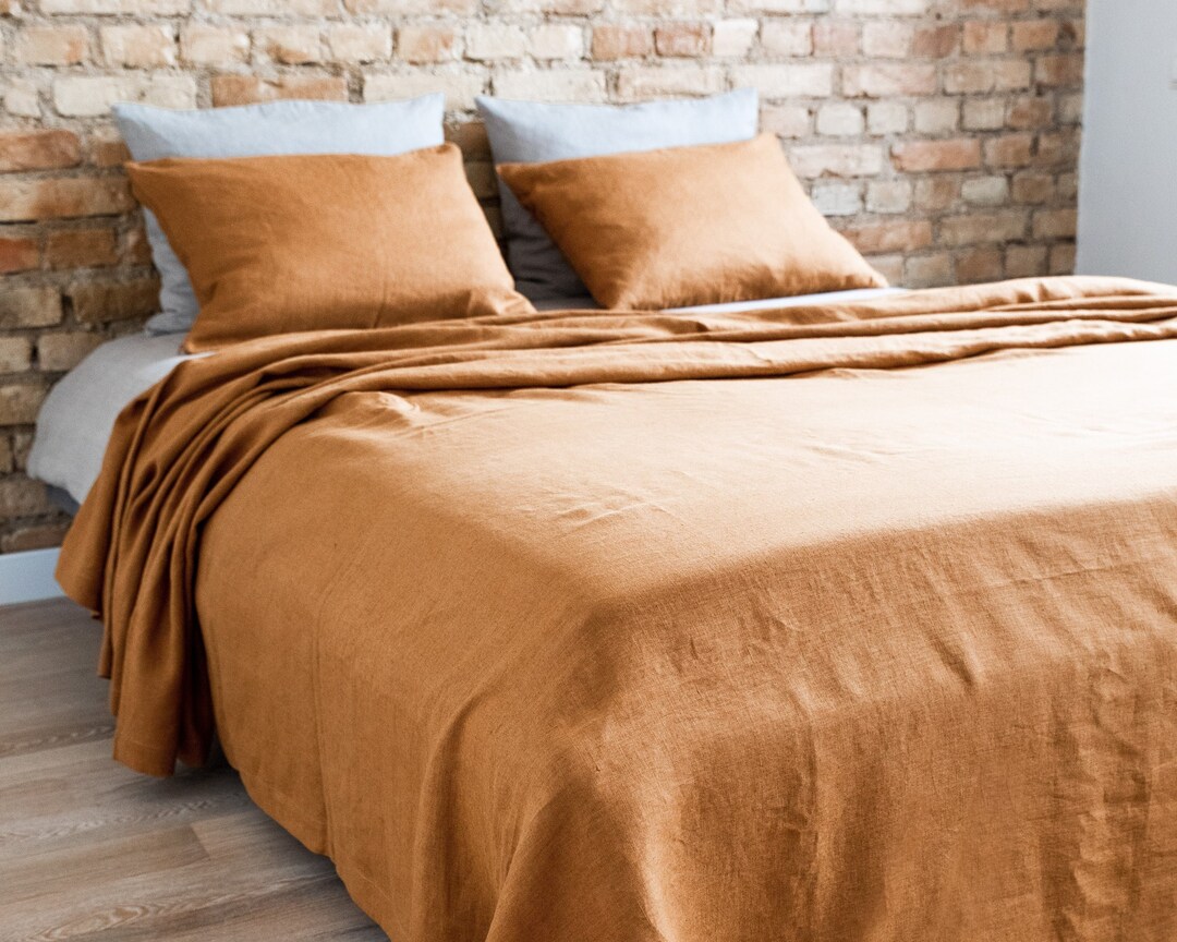 Linen Bedspread Terracotta Color. Medium Weight Linen Bed Throw. Pure