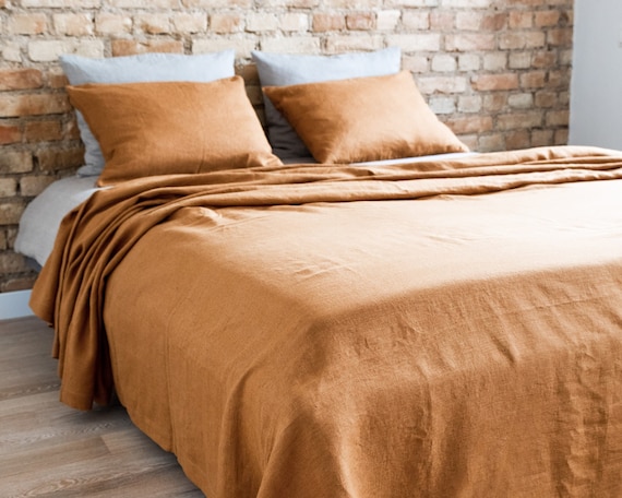 Linen Bedspread Terracotta color. Medium weight Linen Bed throw. Pure Linen cover in Bedroom. Cosy Heavy bedspread.