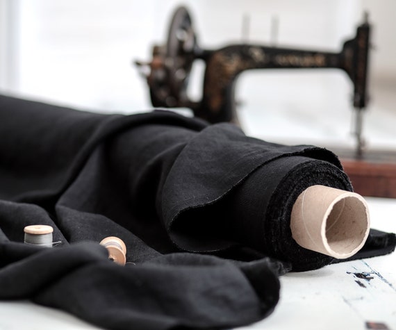 Linen fabric. Deep Black linen. Medium weight linen. Baltic linen fabric. Flax linen fabric. Prewashed soft linen fabric by meter or yard.