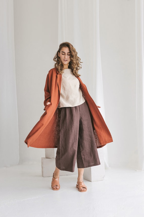 Oversized Heavy Linen coat in Burnt Orange color. Loose linen jacket with long sleeves and deep pockets. Summer linen wrap belted coat