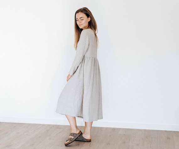 Linen loose dress STELLA with long sleeves. Linen smock dress with round neck and long sleeves. Handmade woman clothing. Casual dress.