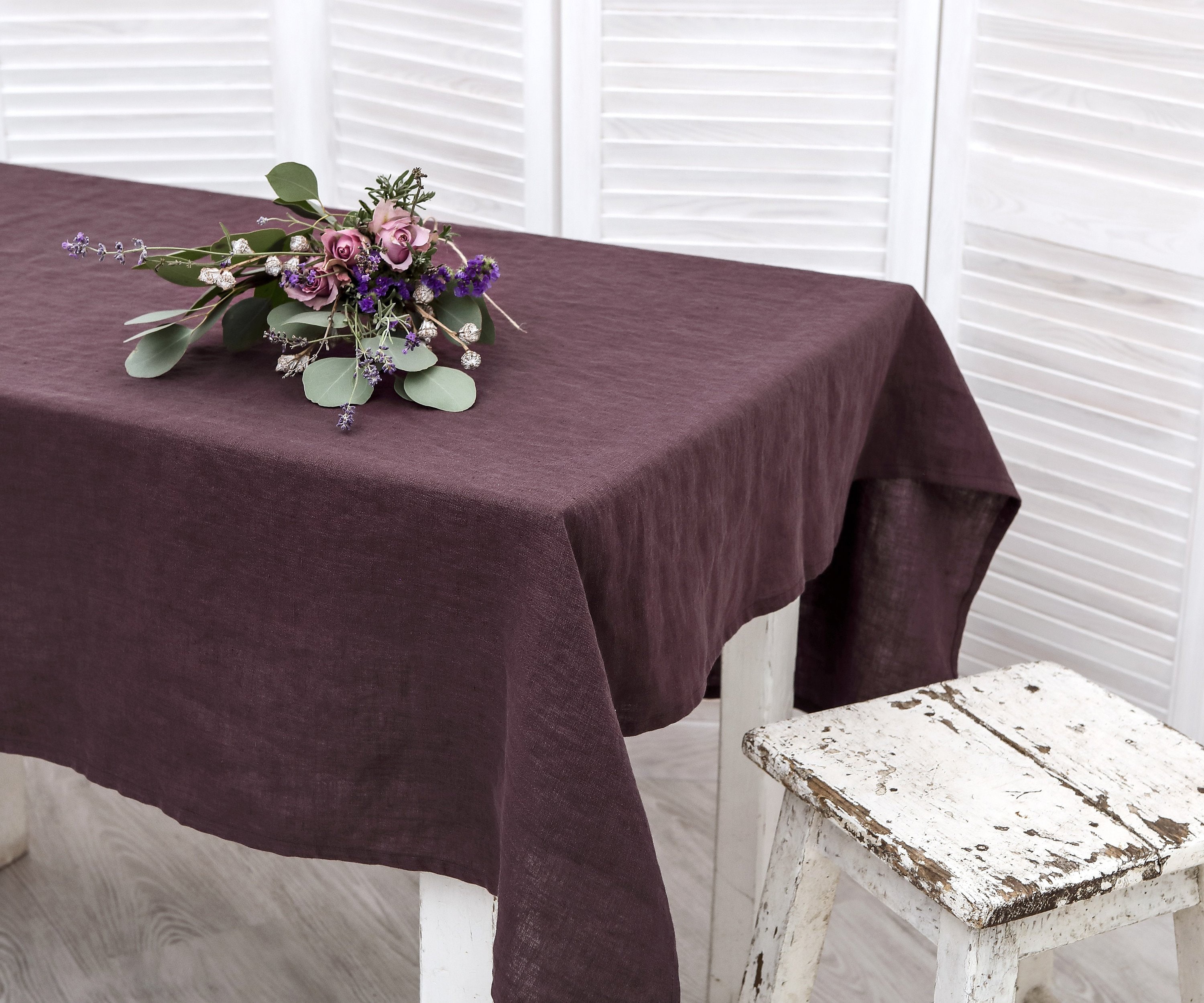 Linen tablecloth. Washed linen tablecloth. Table cloth in plum color ...