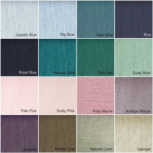 May include: A color chart with 24 fabric swatches, showing a variety of colors and textures. The swatches are arranged in four rows of six, with each row representing a different color family. The colors include silver gray, graphite, charcoal, deep black, grayish blue, sky blue, steel blue, blue, royal blue, peacock blue, dark teal, dusty mint, pale pink, dusty pink, rosy mauve, antique mauve, lavender, middle gray, natural linen, oatmeal, olive green, moss green, pure white, and cream white.