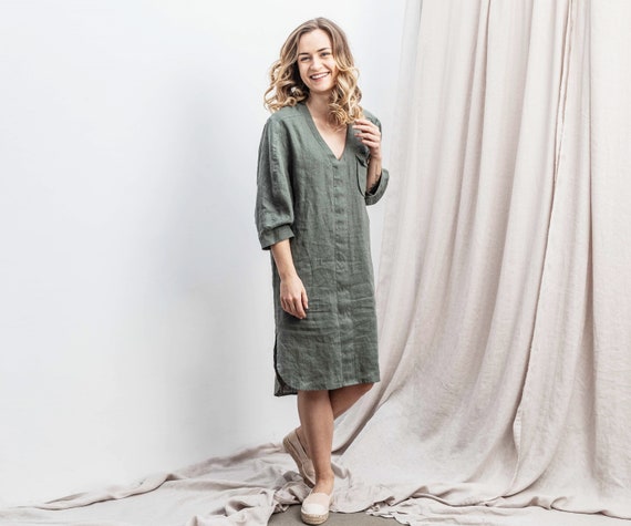 Linen Tunic Dress in Olive Green Color / Shirt Style V Neck Dress with Deep Pockets / Oversize Women Apparel / Casual Shirt Dress Linen Tunic Dress in Olive Green Color / Shirt Style V Neck Dress With Deep  Pockets / Oversize Women Apparel / Casual Shirt Dress - Etsy