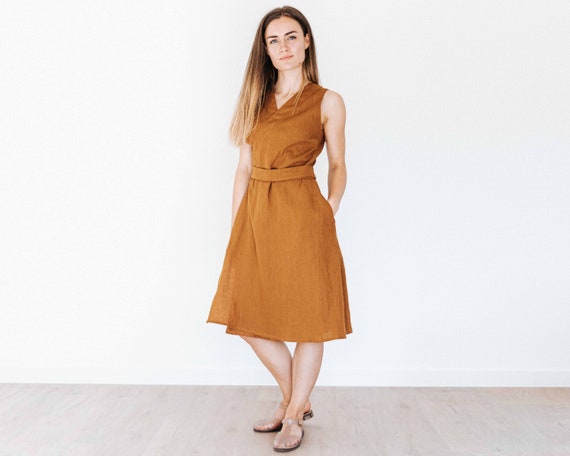 Linen wrap dress CAMILA. Sleeveless summer midi dress with belt. Elegant wrap dress. Washed linen. Available in 47 colors