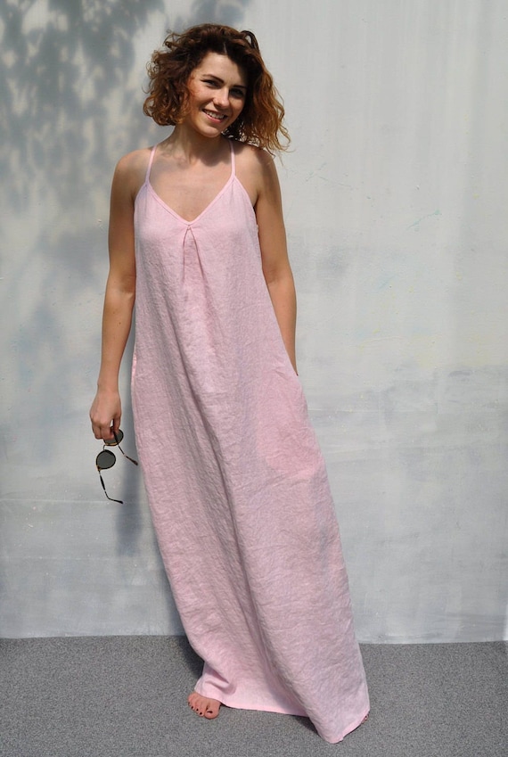 Long linen dress. Tunic dress. Pale pink dress. Oversize dress. Straps dress. Evening dress. Beach dress. Organic dress. Flax dress.