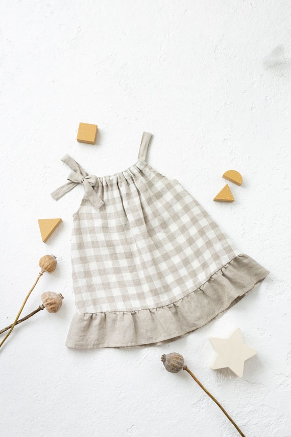 Girls linen dress with ties and ruffle in Natural White Check color. Sleeveless boho children dresss. Summer dress  for toddlers.