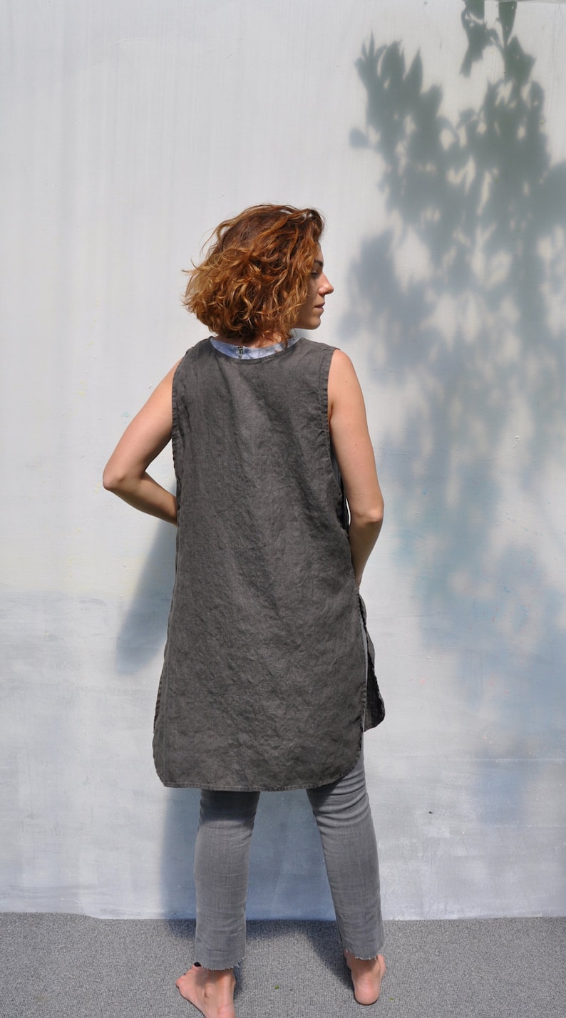 Linen full bbq apron with pockets / Japan linen home and work tunic smock / No ties garden linen apron dress image 3