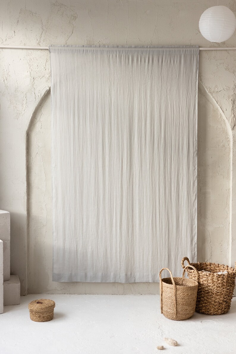Linen Light Curtains in Silver Gray Color. Headed Rod Top Drape. Semi Sheer Curtains. Handmade Window Treatment. Medium Weight Linen Curtain image 4