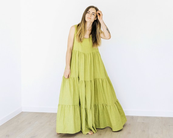 Linen floor length BOHO dress with pockets. Loose fitting ruffled sundress for women in pear green color available in 47 colors.