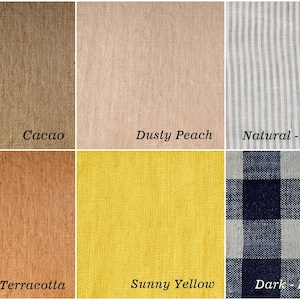 May include: A fabric swatch collage featuring six different linen textiles. Colors include Cacao, Dusty Peach, Natural with white stripes, Terracotta, Sunny Yellow, and Dark Blue Check. Each swatch is labeled with its respective color name.