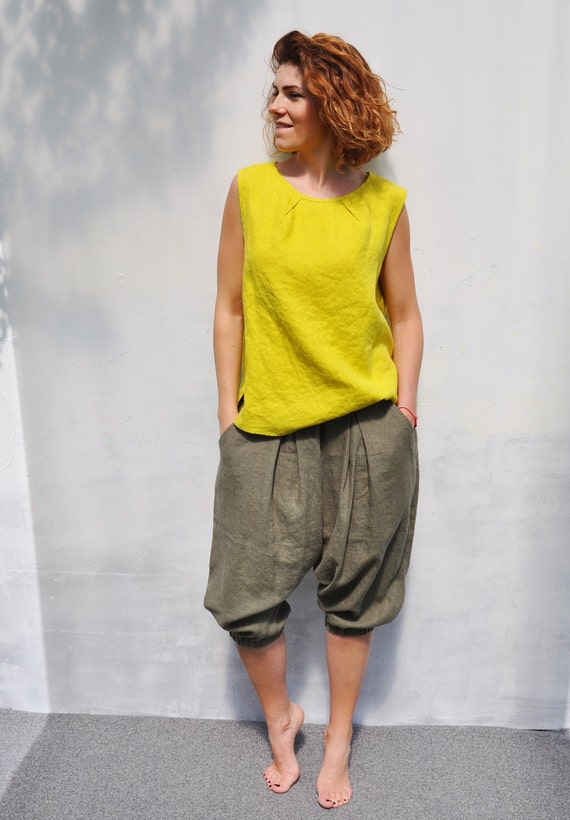 Decorated linen Plain tank top ARIA . Sleeveless linen top. Round neck flax shirt. Linen tunic. Plain blouse. Yellow blouse. Boat neck top.