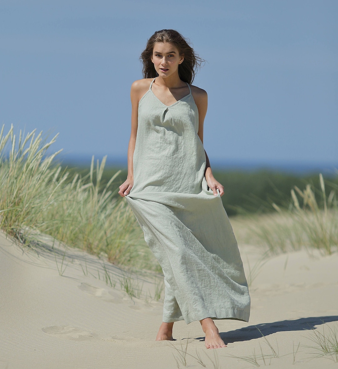 Maxi Linen Dress. V Neck Dress. Beach Dress With Shoulder - Etsy