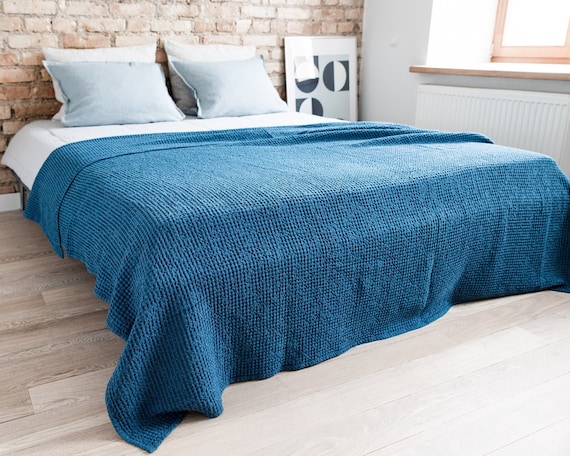 Blue Waffle Linen Cotton blend Blanket. Linen Couch coverlet. Queen size Blanket. King size Bedspread. Home decor. Oversized Linen bedspread