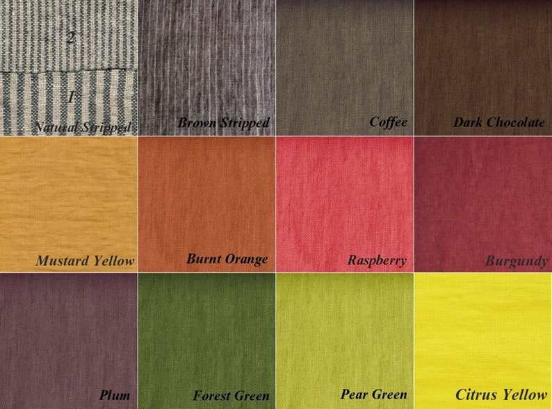 May include: A swatch card showing 12 different fabric colors and patterns. The colors include natural striped, brown striped, coffee, dark chocolate, mustard yellow, burnt orange, raspberry, burgundy, plum, forest green, pear green, and citrus yellow.