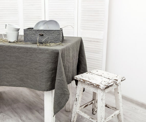 Linen tablecloth. Washed linen tablecloth. Table cloth in graphite color. Handmade table linen available in 47 colors.