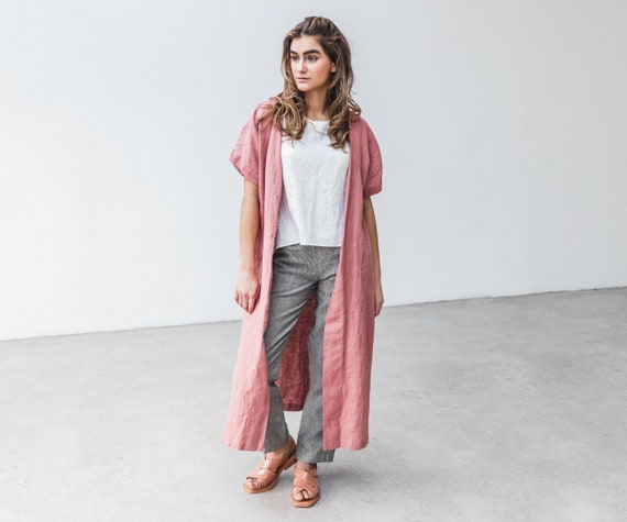 Long jacket in Salmon color linen with short sleeves. Linen long vest with side pockets. Handmade flax clothing available in 47 colors.