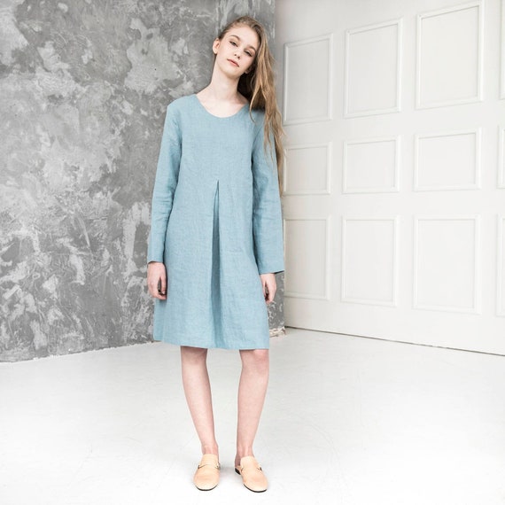 Casual Knee Length Linen Smock dress with long sleeves Natural clothing for woman,  Loose linen dress, Maternity dress.