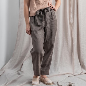 Linen pants for woman. Summer pants. High waisted tapered woman&#39;s trousers with elastic waistband and the bow. Available in 47 colors