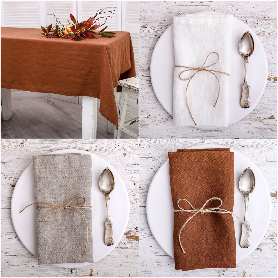 Linen Tablecloth and Napkins Set Gift for Her. Washed Linen Tablecloth