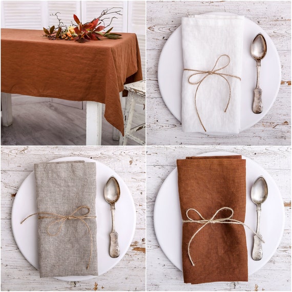 Linen tablecloth and napkins set gift for her. Washed linen tablecloth and napkins present. Handmade table linen available in 47 colors.