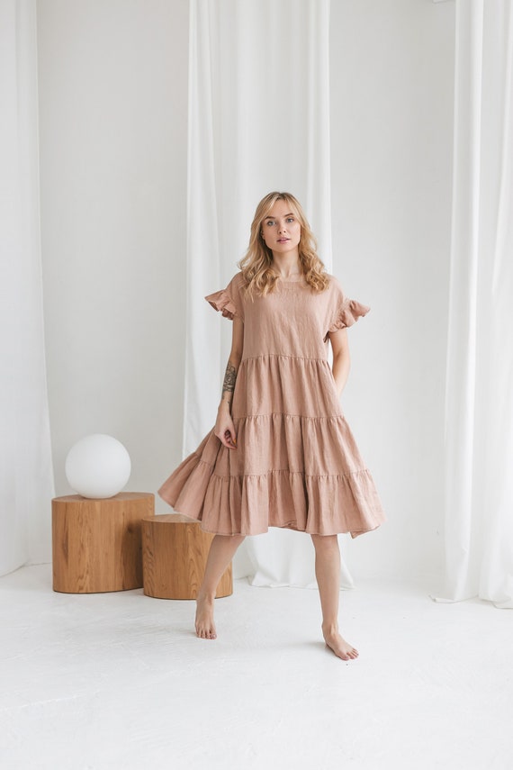 Midi linen ruffle dress OLIVIA. Extra loose dress in Dusty Peach color. Dress with short ruffle sleeves. Maternity clothes in natural linen.