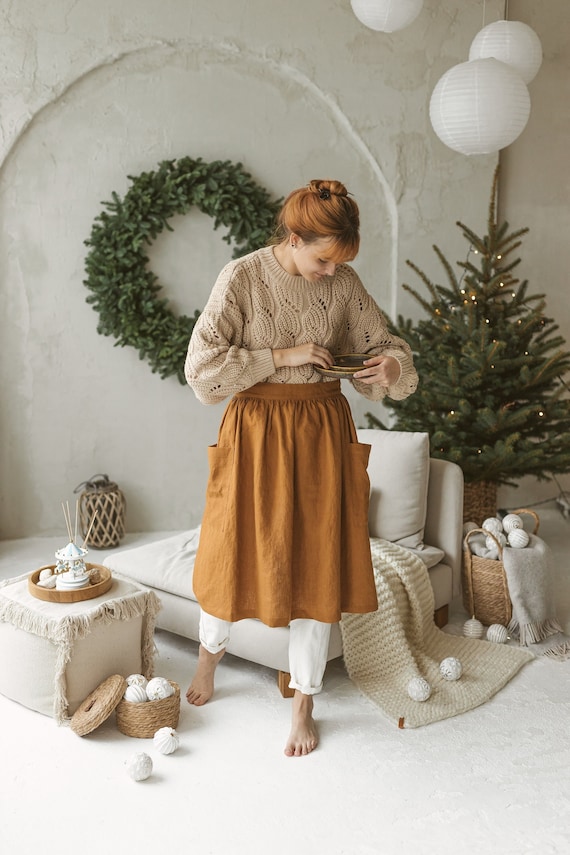 Linen Skirt Apron, Natural Kitchen Apron, Eco-Friendly Cooking Apron, Sustainable Gift, Handmade.