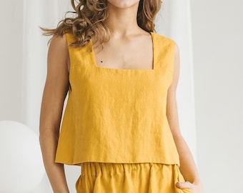 Linen Crop Top SOPHIA. Square Neckline Top. Summer Clothing. Linen Sleeveless Blouse Women. Casual top. Stylish blouse. Loose Linen Top.