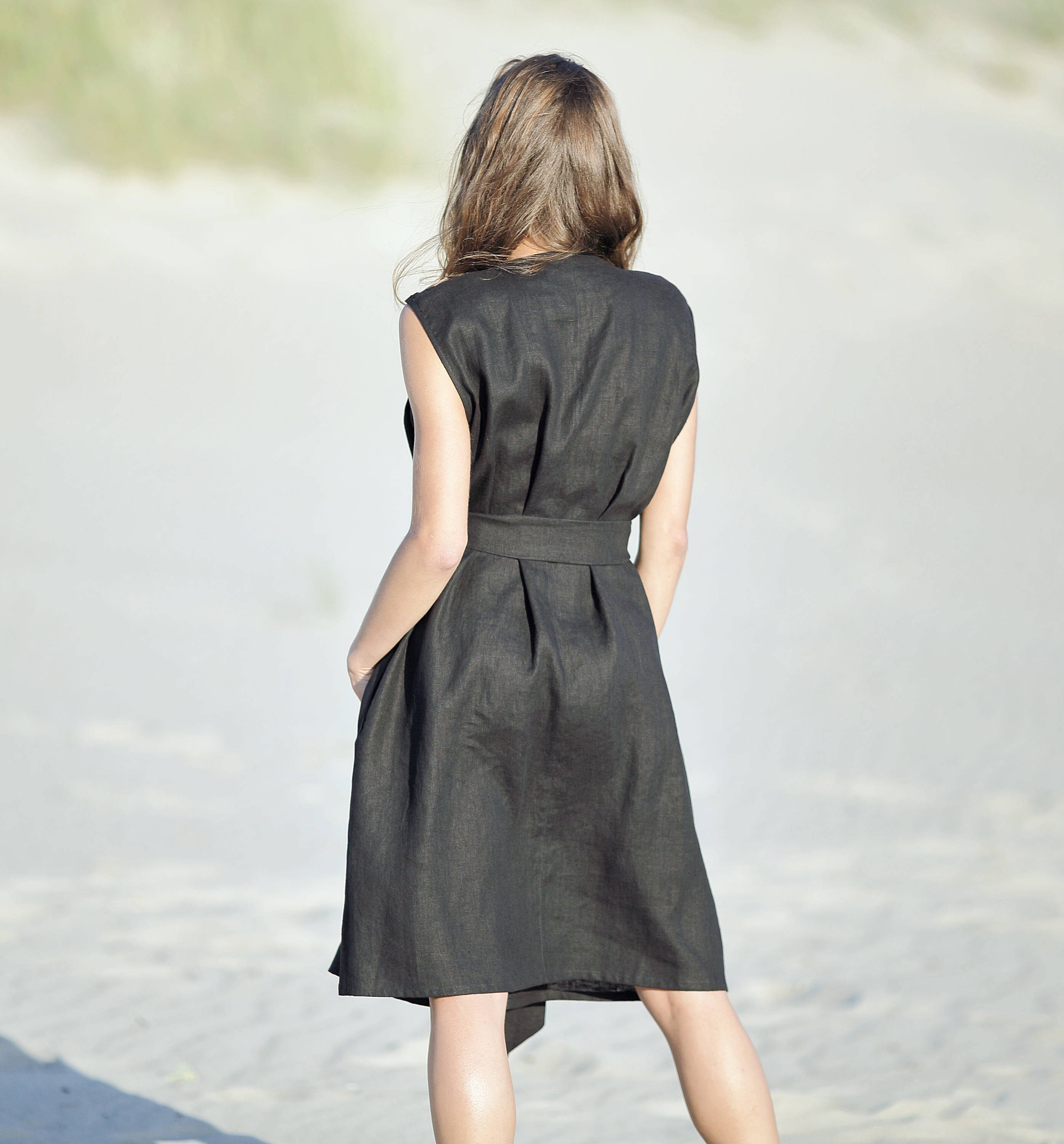 Black linen dress / loose fit summer dress / sleeveless dress / linen