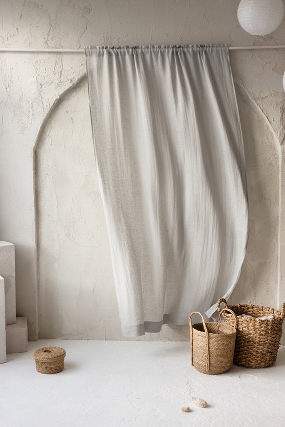 Linen Light Curtains in Silver Gray Color. Headed Rod Top Drape. Semi Sheer Curtains. Handmade Window Treatment. Medium Weight Linen Curtain