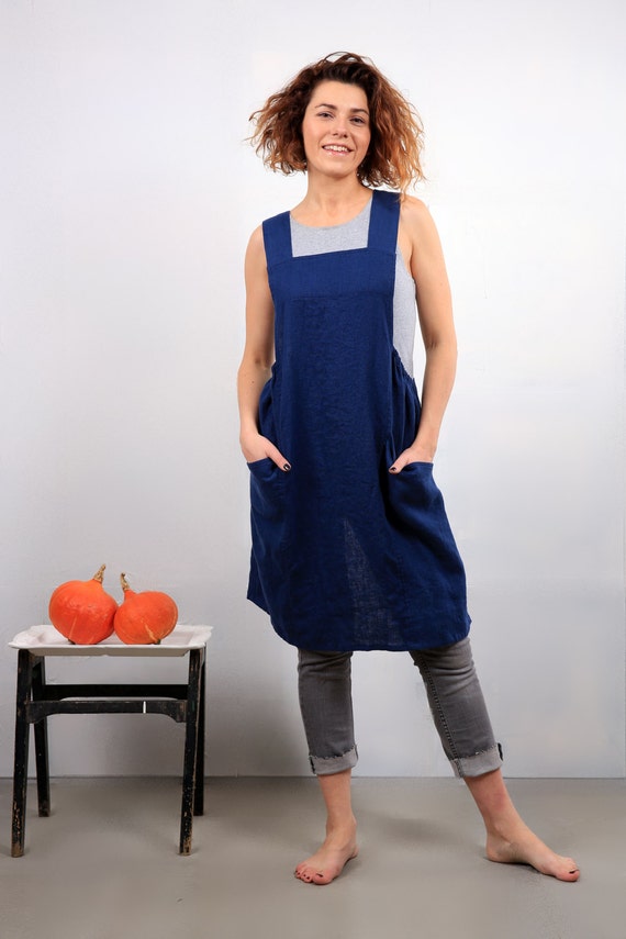 Linen full one size japanese no ties apron / Original linen home and work dress / Garden tunic smock pinafore with pockets.