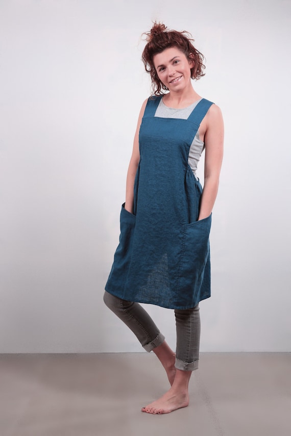 Japanese style apron. Linen apron. Cross back apron. Pinafore. Organic apron. Soft linen apron. Full apron. Plus size apron. Work apron.