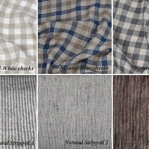 May include: Six fabric swatches showing different patterns and colors. The swatches are arranged in two rows of three. The top row shows natural linen fabric with white, blue, and gray checks. The bottom row shows natural linen fabric with gray and white stripes, natural linen fabric with gray and white stripes, and brown fabric with brown stripes.