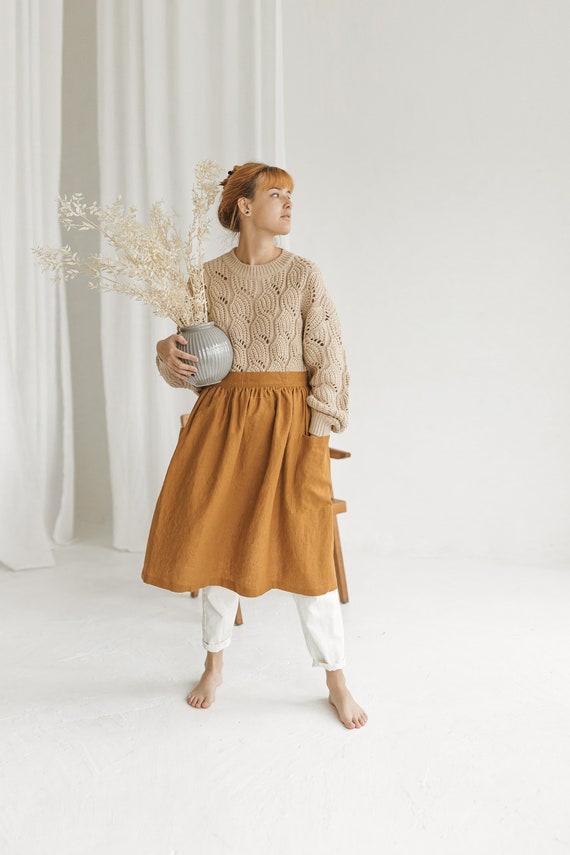 Terracotta Color Linen Apron. Half apron. Midi Apron Skirt. Linen cafe apron. Wrap apron. Bistro apron. Chef unisex apron. Vendor apron.